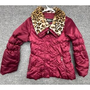 Hawke & Co Girls Puffer Jacket Burgundy Faux Fur Leopard Collar 10/12 Quilted